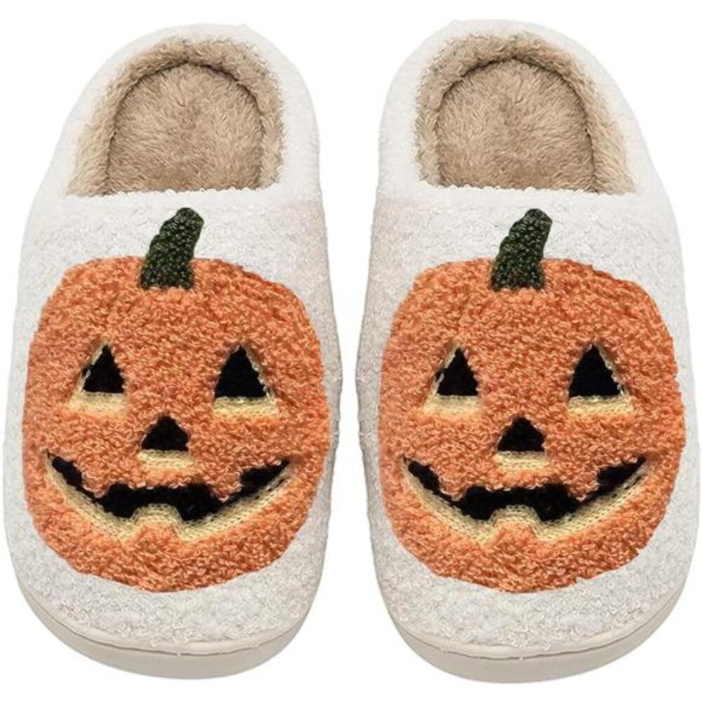 Unisex Halloween Pumpkin‎ Slippers Plush Warm Spooky Lantern for Men and Women